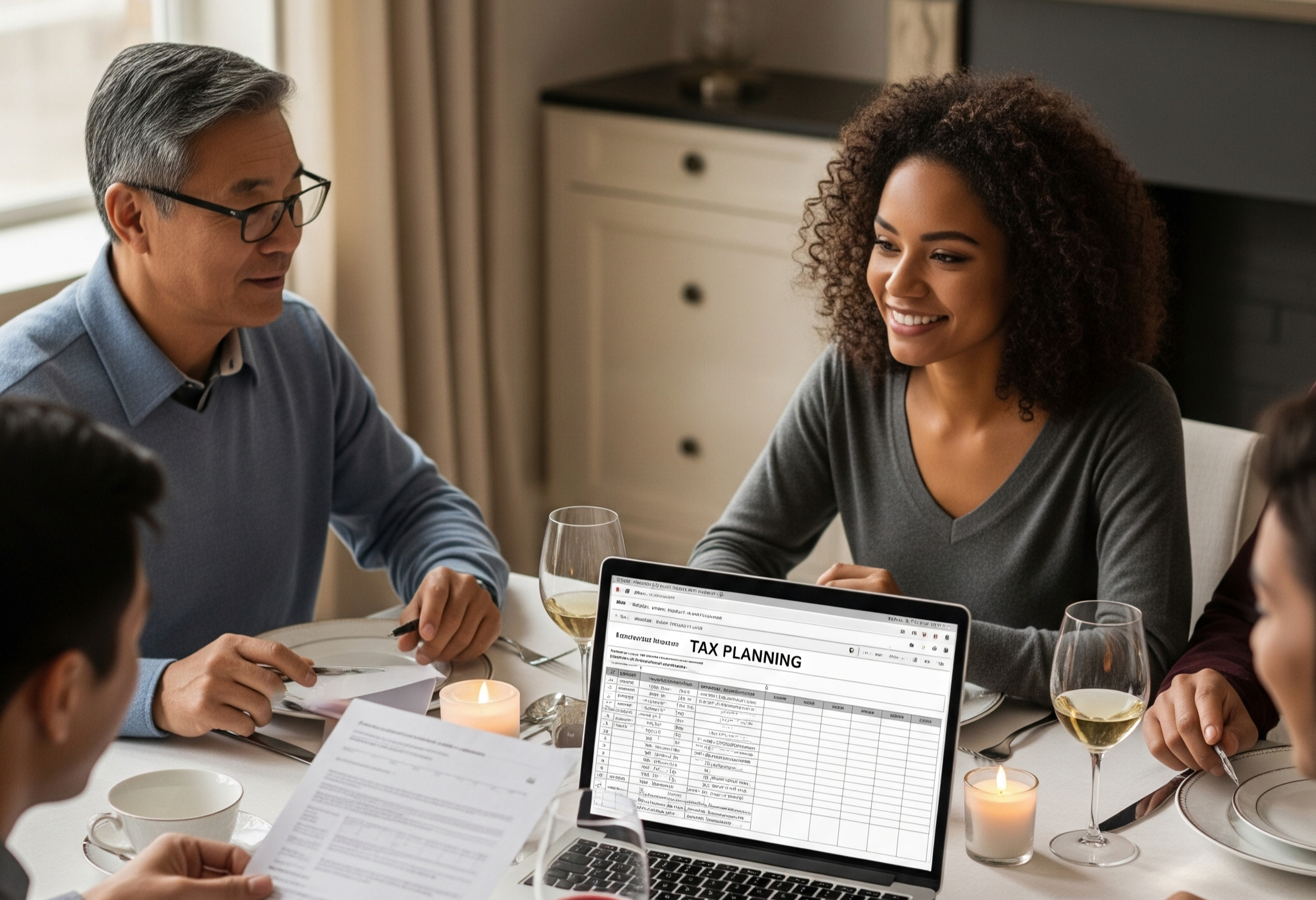 image of a group of people having dinner while planning their taxes