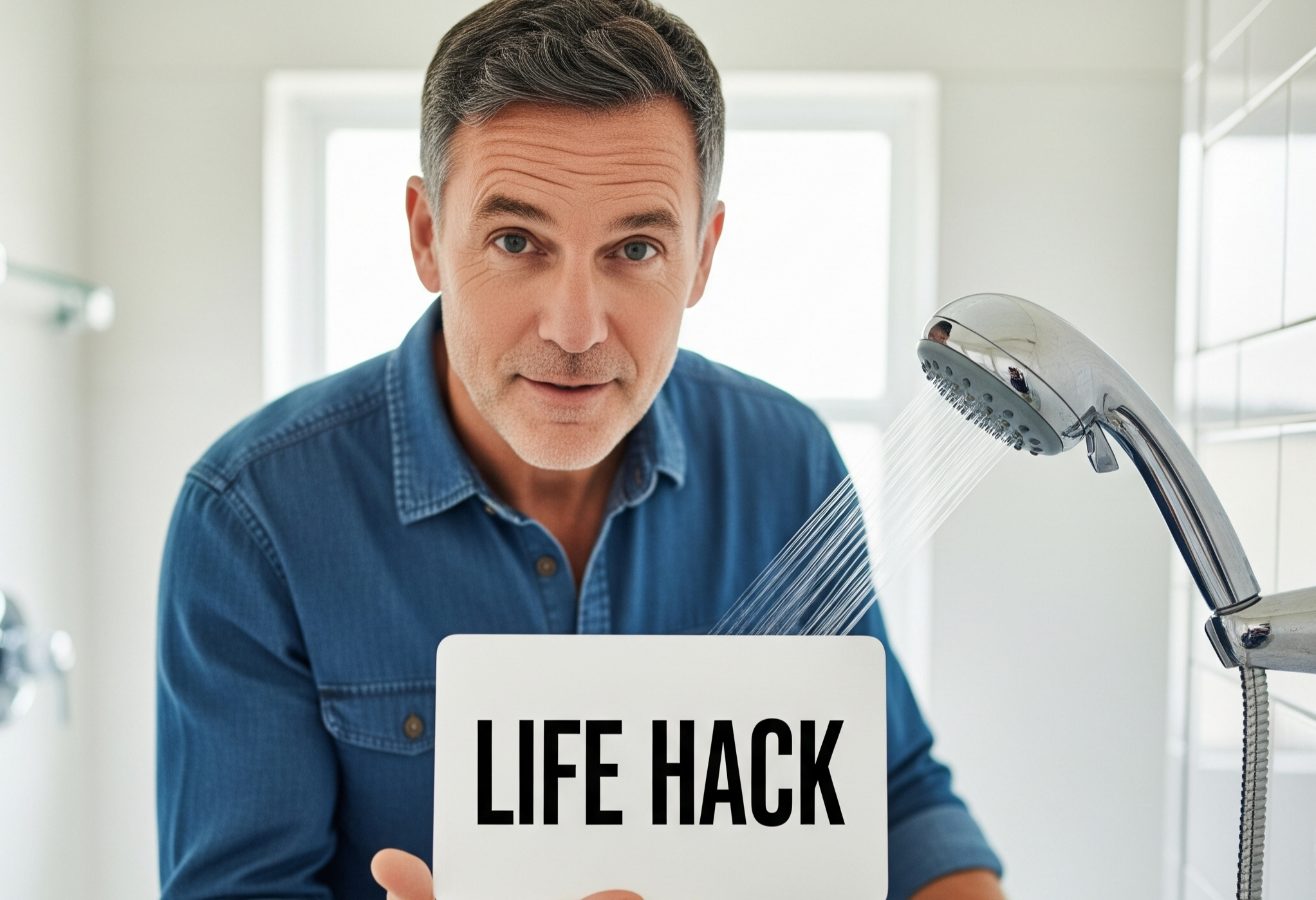 image of a man in his home with a poster staying "life hack" on his hands