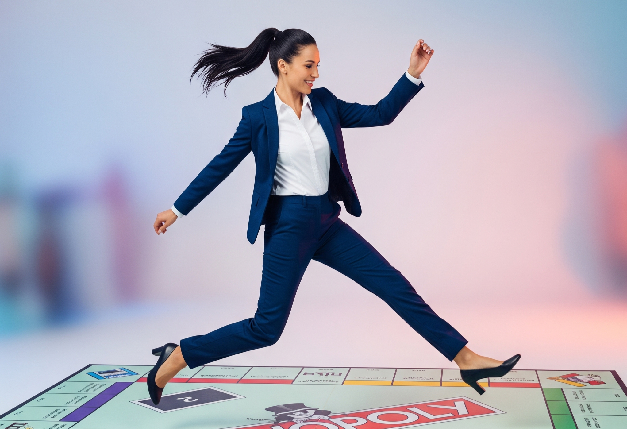 image of a lady in a suit skipping over a monopoly board