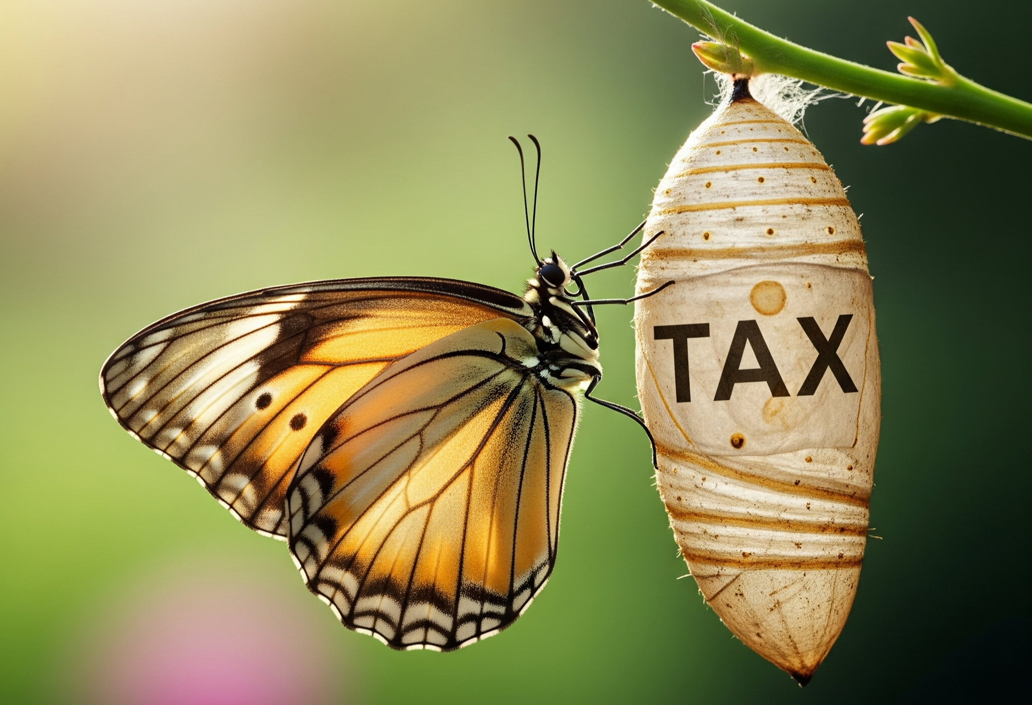 image of a chrysalis with the words "TAX" on it turning into a butterfly