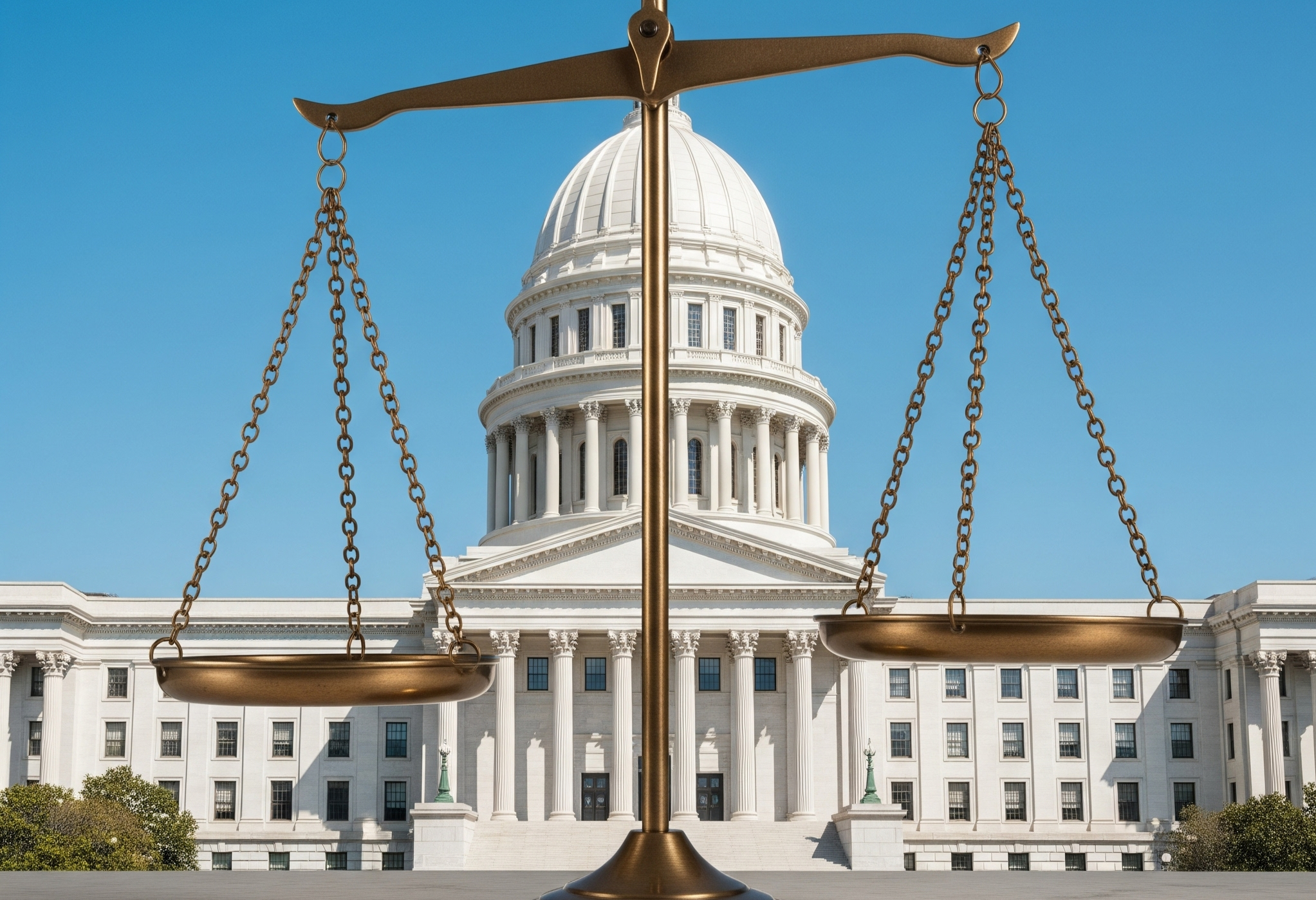 image of a greek scale in front of a government building