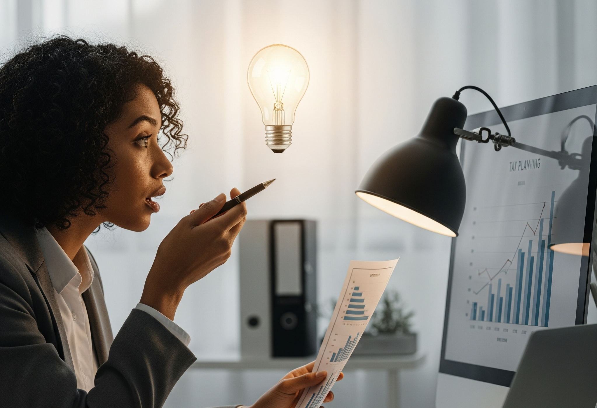 image of woman with glowing lightbulb in front of her while holding charts in front of her