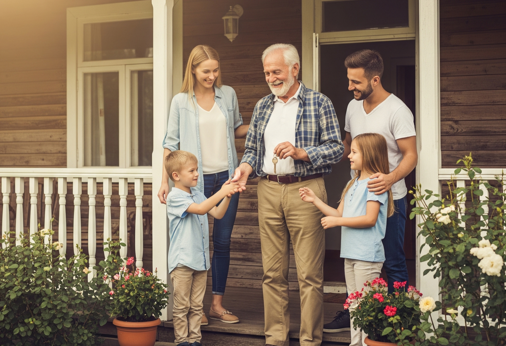 image of grandpa giving something to his grandchildren