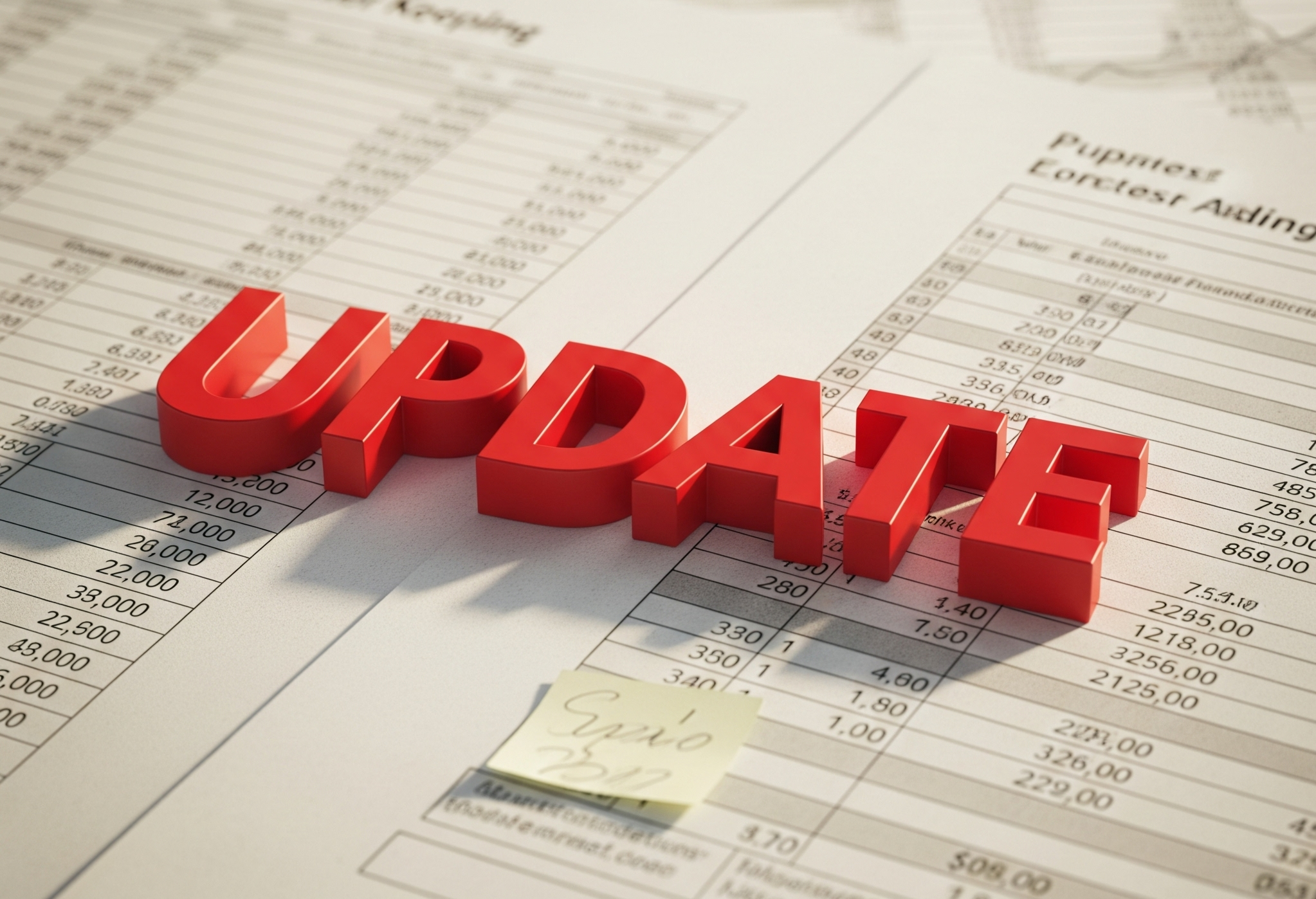 image of "UPDATE" in all red over a pile of bookkeeping papers