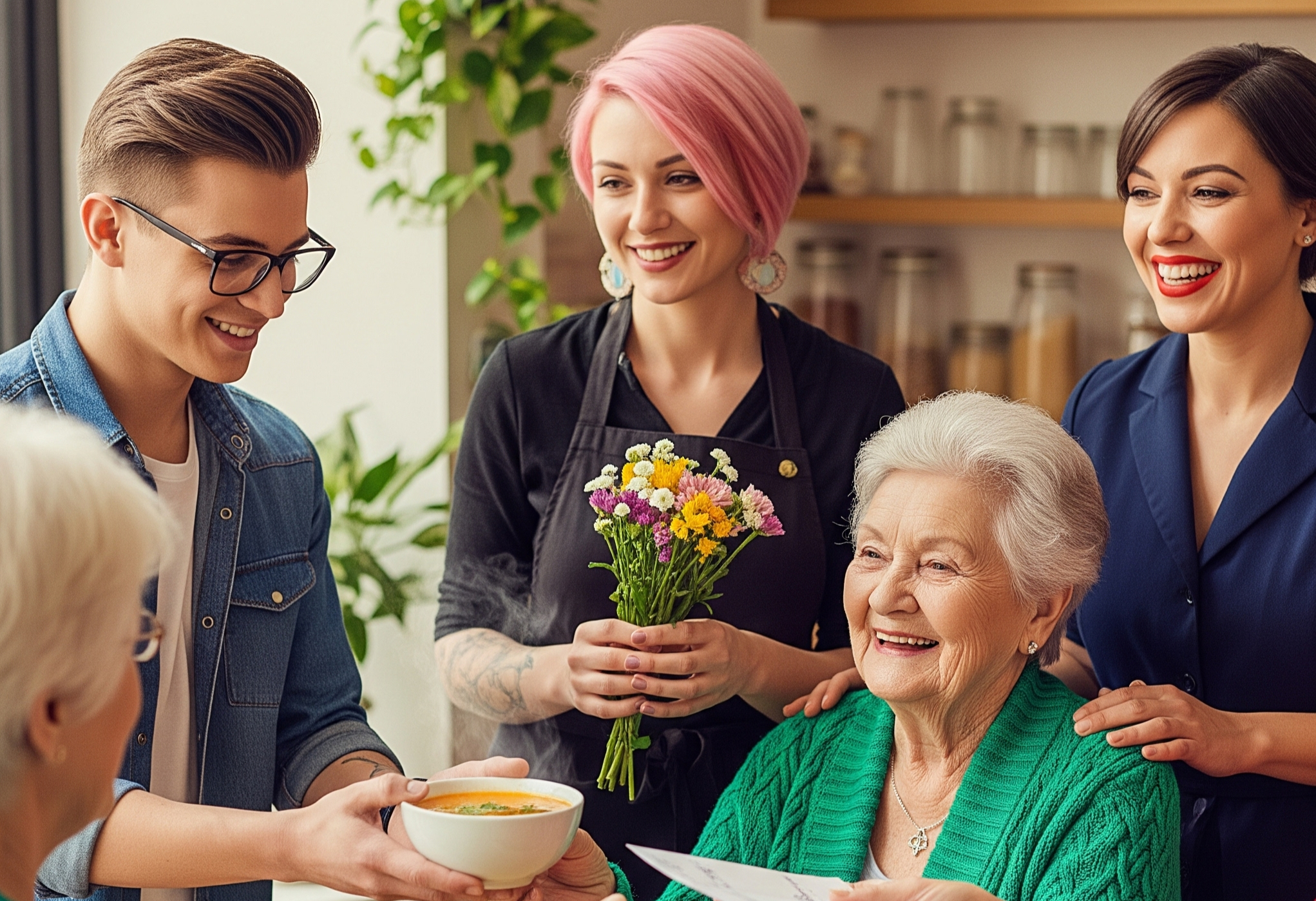 image of people giving an older lady sweet gifts