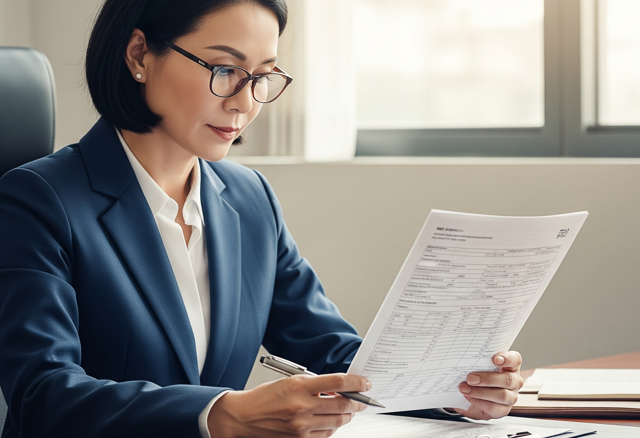 An image of a woman with glasses looking at tax forms understandingly